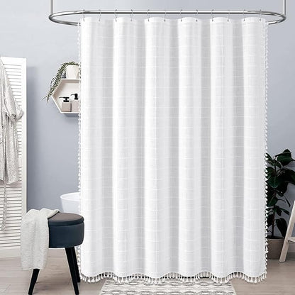 BTTN Stall Shower Curtain, 60x72 Inches Boho Farmhouse Linen Weighted Fabric Tassel Shower Curtain Set with 10 Plastic Hooks, Narrow French Country Neutral Textured Shower Curtains for Bathroom, White