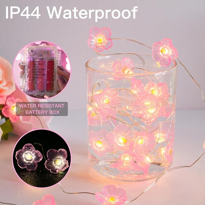 suddus Cherry Blossom Lights, 12.8 ft 40 LED Flower String Lights Battery Operated with Remote, Decorative Pink Fairy Light for Bedroom, Holiday, Partry, Indoor
