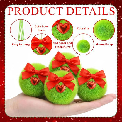 Jenaai 12 Pcs Lime Green Ball Christmas Ornaments for Xmas Tree 2 Size Christmas Hanging Decorations Soft Furry Pom Pom Balls with Red Bow for Xmas Tree Hanging Decor Party Supplies