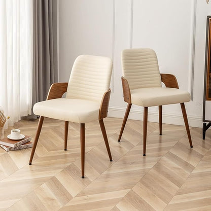 Dining Room Chairs Set of 4,Mid Century Modern Kitchen Chair,Upholstered Faux Leather Chairs,Metal Legs Wooden Desk Chair,Armless and No Wheels for Kitchen Dining,Beige PU