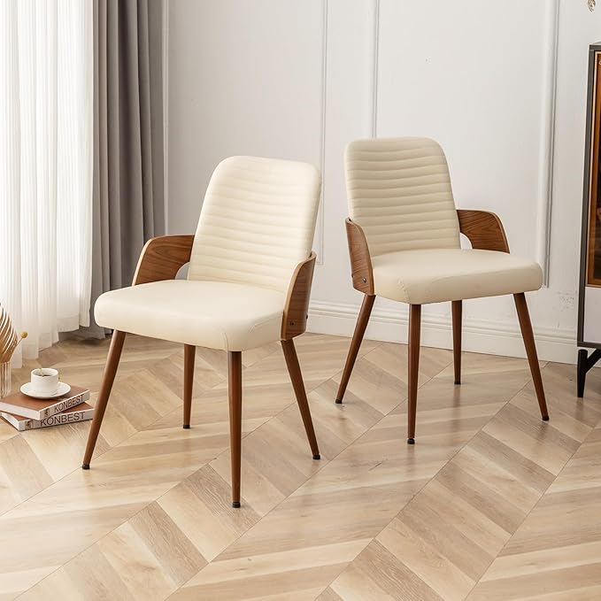 Dining Room Chairs Set of 2,Mid Century Modern Kitchen Chair,Upholstered Faux Leather Chairs,Metal Legs Wooden Desk Chair,Armless and No Wheels for Kitchen Dining,Beige PU