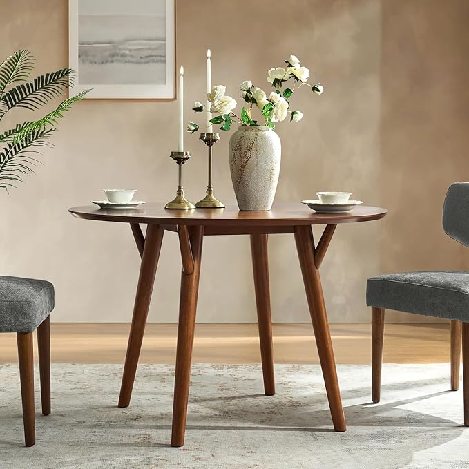 HULALA HOME Round Dining Table for 4, 45” Solid Wood Ktichen Table, Small Dinner Coffee Writing Table for Kitchen Dining Room, Save Space, Walnut