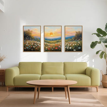 HOURIA Boho Sunrise Wildflower Framed Canvas Wall Art Set,Watercolour Nature Inspired Landscape Wall Decor,Colorful Floral Scenery Artwork,Modern Art Prints for Living Room,Bedroom,Farmhouse-24"x36"x3