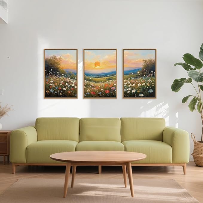HOURIA Boho Sunrise Wildflower Framed Canvas Wall Art Set,Watercolour Nature Inspired Landscape Wall Decor,Colorful Floral Scenery Artwork,Modern Art Prints for Living Room,Bedroom,Farmhouse-16"x24"x3