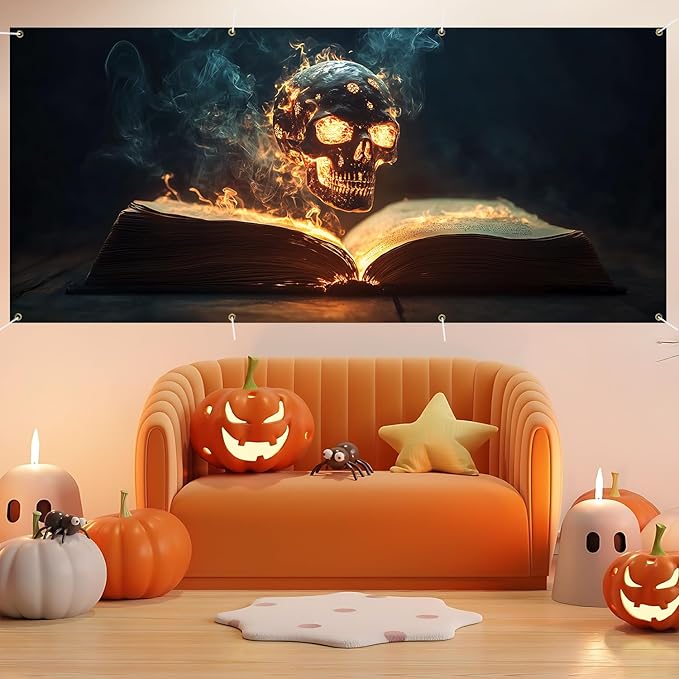 6 x 13 ft Halloween Garage Door Decorations Halloween decorations Witch Door Cover, Hanging Banner, Cauldron Backdrop Mural for Home, Outdoor, Indoor, Spooky Party, Wall, Window (BOOK)