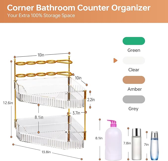 Corner Bathroom Counter Organizer with Makeup Brush Holder & Toothbrush Holders, Makeup Organizer for Vanity Countertop, Acrylic Skincare Storage Shelf (Clear, 2-Tier)