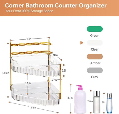 Corner Bathroom Counter Organizer with Makeup Brush Holder & Toothbrush Holders, Makeup Organizer for Vanity Countertop, Acrylic Skincare Storage Shelf (Clear, 2-Tier)