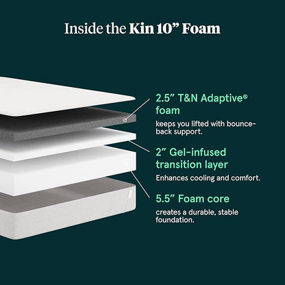 Kin By Tuft & Needle Medium Firm 10" Cal King Adaptive Foam Mattress in a Box, Cooling Pressure Relief, Balanced Support, 100 Night Trial, Fiberglass-Free, CertiPUR-US, 10-Year Limited Warranty