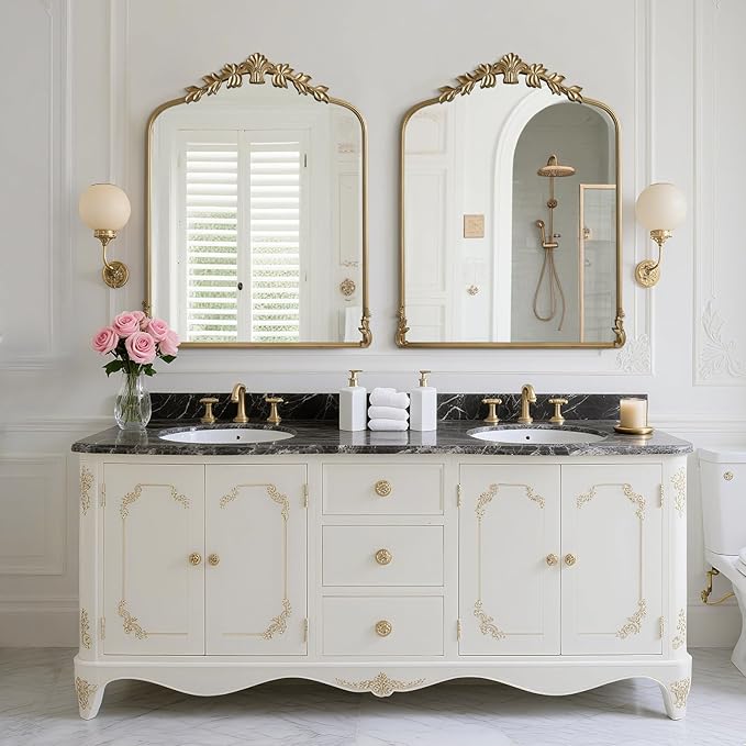 WallBeyond Gold Antique Mirror for Vanity 28x36 Inch, Gold Vintage Mirror with Ornate Frame, Arched Vintage Wall for Bathroom, Living Room, Fireplace