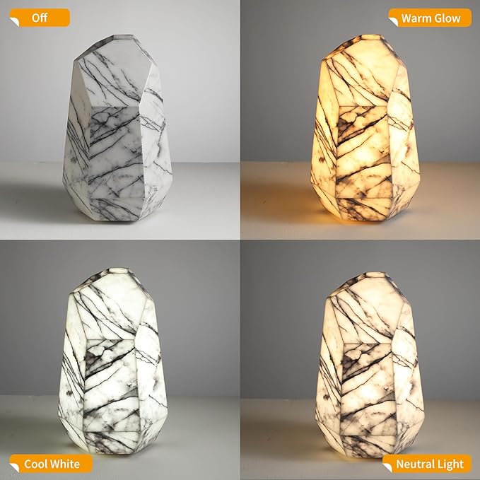 Handcrafted Real Marble Table Lamp, Stone Lamp with Tri-Color Dimmable LED, Bedside Lamp, Small Table Lamp for Home Decor, Table Lamp for Bedroom Living Room, Multifacet