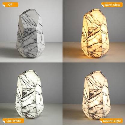 Handcrafted Real Marble Table Lamp, Stone Lamp with Tri-Color Dimmable LED, Bedside Lamp, Small Table Lamp for Home Decor, Table Lamp for Bedroom Living Room, Multifacet