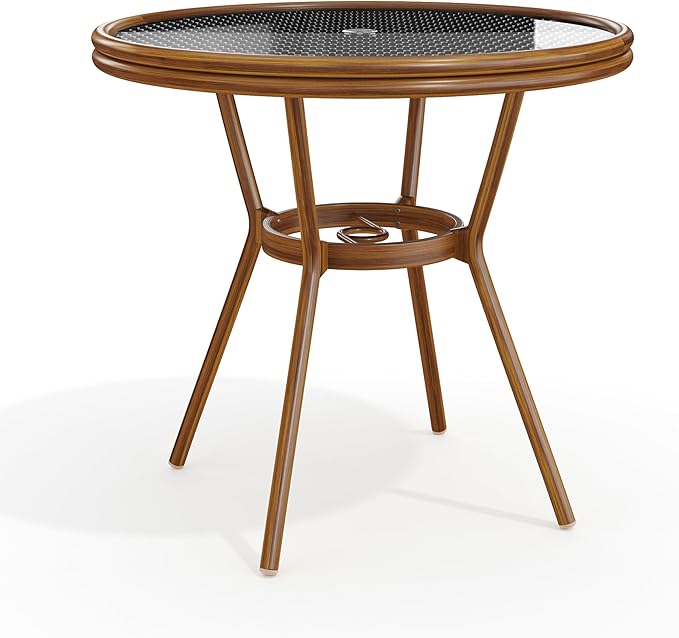 Martha Stewart Lily Pond 31” Round Indoor-Outdoor Bistro Dining Table with Aluminum Frame in Natural Woodgrain and Rattan Top in Black/White with Tempered Glass Top