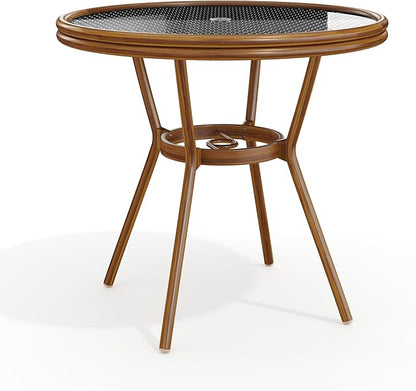 Martha Stewart Lily Pond 31” Round Indoor-Outdoor Bistro Dining Table with Aluminum Frame in Natural Woodgrain and Rattan Top in Black/White with Tempered Glass Top