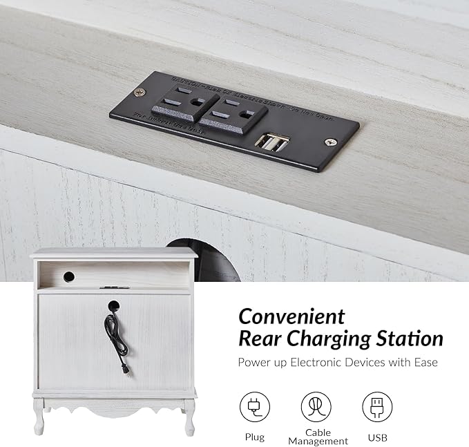 HULALA HOME 3 Drawer Nightstand with Charging Station Drawer Organizer with Wood Legs Farmhouse Solid Wood Set of 2, White