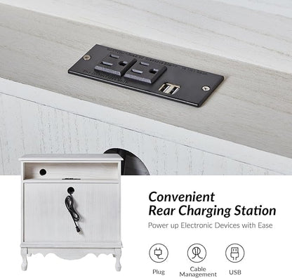 HULALA HOME 3 Drawer Nightstand with Charging Station Drawer Organizer with Wood Legs Farmhouse Solid Wood Set of 2, White