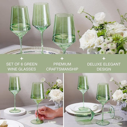 Physkoa Green Wine Glasses Set 6-15oz Crystal Green Wine Glasses With Long Stem