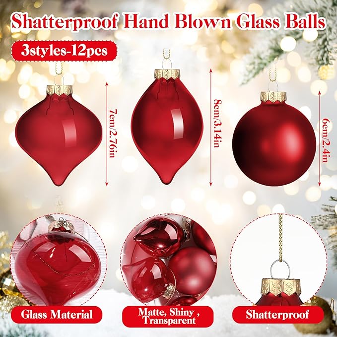 Zomiboo 12 Pcs Burgundy Red Glass Christmas Ball Ornaments Set 3.15" Hanging Shatterproof Glass Bulbs for Christmas Tree Baubles Bulk for Holiday Xmas Tree Decorations Gifts