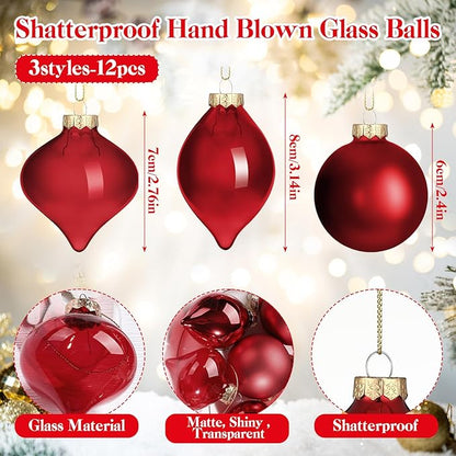 Zomiboo 12 Pcs Burgundy Red Glass Christmas Ball Ornaments Set 3.15" Hanging Shatterproof Glass Bulbs for Christmas Tree Baubles Bulk for Holiday Xmas Tree Decorations Gifts