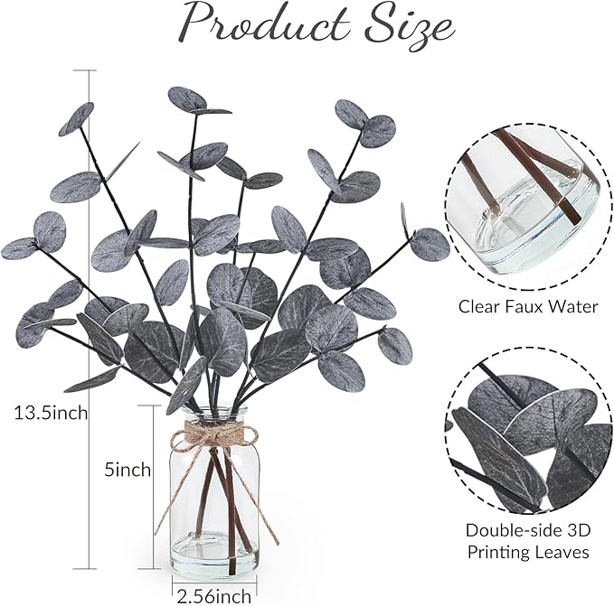 Artificial Eucalyptus Stems in Glass Vase with Faux Water, 14" Fake Plants for Home Decor, Centerpieces, Office, Bathroom & Farmhouse Weddings - Faux Plants Decorations