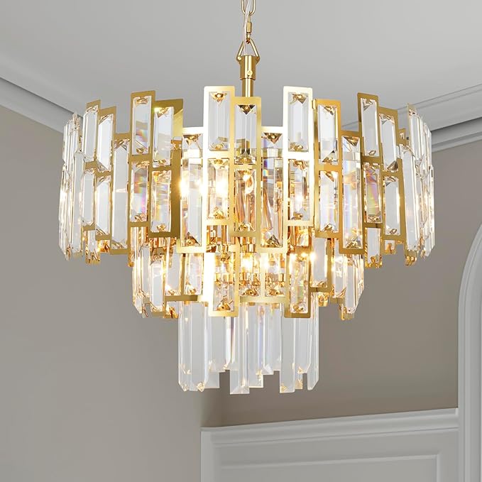Gold Crystal Chandelier Lighting for Dining Rooms Kids Bedroom Foyer Entryway Ceiling Hanging Pendant Chandelier Light Fixture Small Geometric Raindrop Lamp 18''