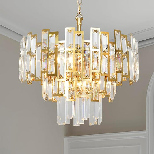 Gold Crystal Chandelier Lighting for Dining Rooms Kids Bedroom Foyer Entryway Ceiling Hanging Pendant Chandelier Light Fixture Small Geometric Raindrop Lamp 18''