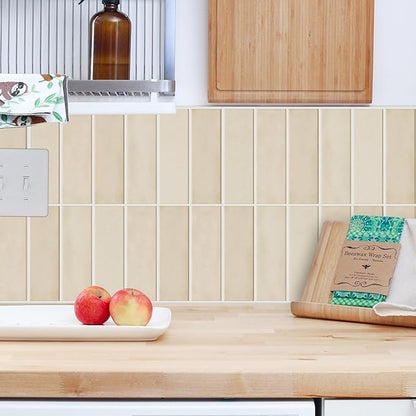 5 Pack Peel and Stick Backsplash Subway Tiles, Extra Thick 3D Wall Panels, Heat & Water Resistant, Easy DIY Kitchen, Bathroom, Laundry, Fireplace & Rental Home Wall Décor (12 x 12 in), Almond