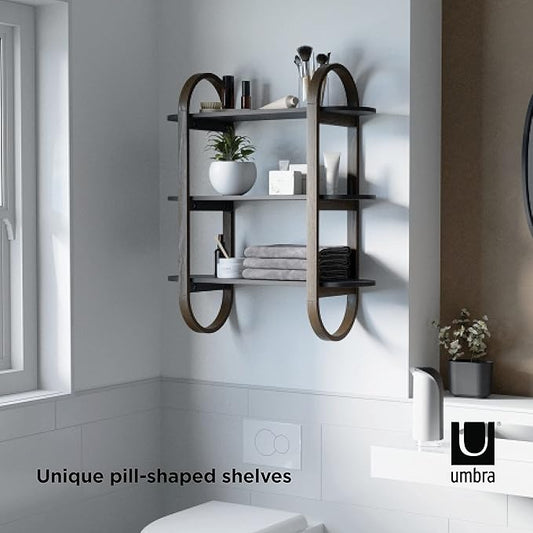 Umbra Bellwood Wall-Mount Book Shelf Display Case with Three Shelves, Black/Walnut