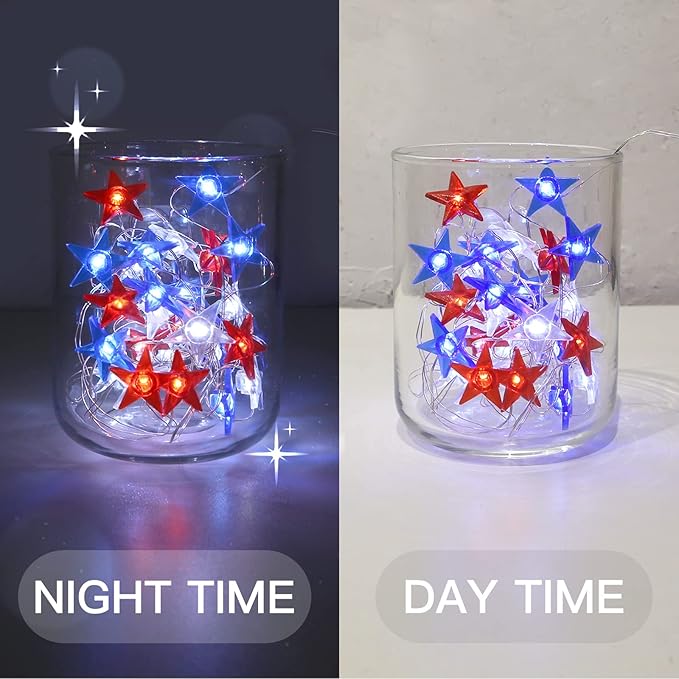 suddus 4th of July Decorations Red White and Blue String Lights Battery Operated 40 Led Star Fairy Lights for Independence Day Memorial Day