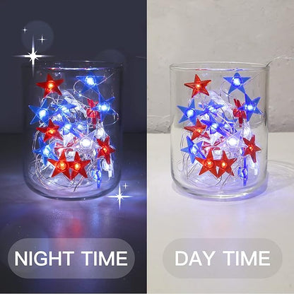 suddus 4th of July Decorations Red White and Blue String Lights Battery Operated 40 Led Star Fairy Lights for Independence Day Memorial Day