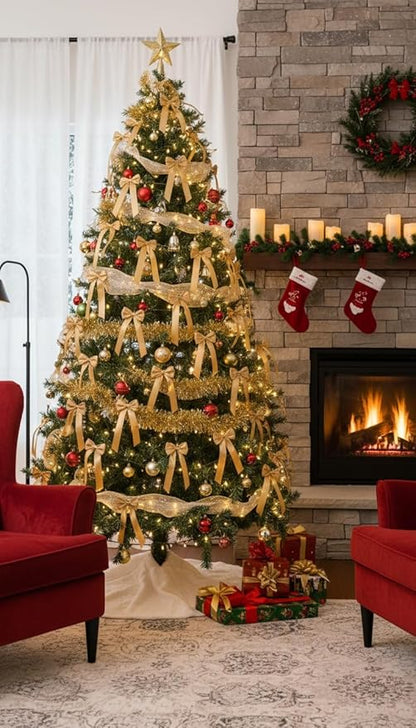 AYGXU 24pcs Christmas Bows Decor,Champagne Gold Bows for Gift Wrapping,Christmas Tree Decorations,Bow Decor,Double-Sided Ribbon Bow,Bag Ties Twists