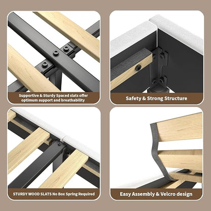 Queen Size Bed Frame with Headboard, upholstered Bed Frame Queen Size, Teddy Soft Boucle Fabric, Soft Cloud Marshmallow Shape Headboard, No Box Spring Needed, Noise Free (White)