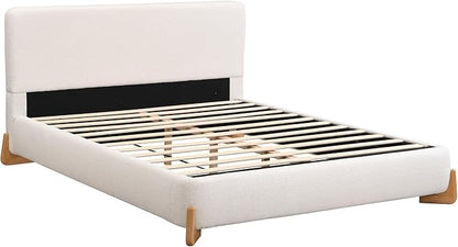 Merax Boucle Upholstered Bed, Full Bed Frame and Headboard, Platform Bedframe, No Box Spring Required, Easy Assembly, White