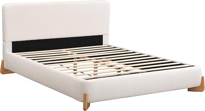 King Size Bed Frame, Upholstered Cloud Boucle Platform Beds Frames with Headboard, Anti-Collision Soft Rounded Corners Footboard, No Box Spring Required, Easy Assembly (38.2" White, Queen)