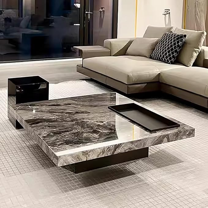 Modern Coffee Table for Living Room, 43.31" Large Square Living Room Table Gray Sintered Stone Tabletop with Black Stainless Steel Legs,Center Table for Home Office