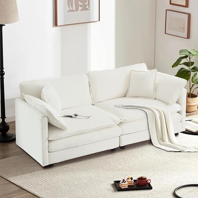 SoarFlash Chenille Sectional Sofa, Comfy Modular Loveseat Sofa, Modern 2-Seat Couch Deep Seat Sofa Set for Living Room,White