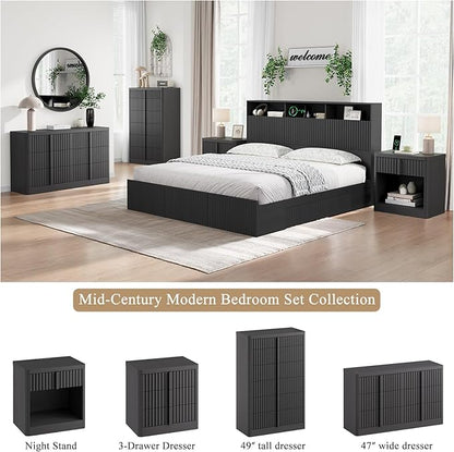 Fluted Dresser for Bedroom, 48" Tall 6 Drawer Dresser, Modern Chest of Drawers with Solid Wood Handle, Curved Profile Design, Wood Dressers Storage Organizer, Living Room, Hallway, Black