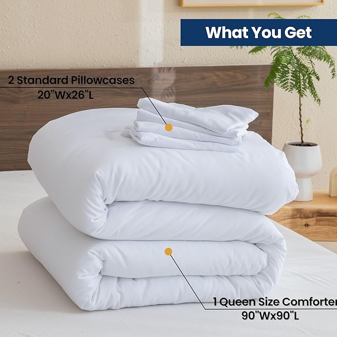Paxrac Classic Pure White Comforter Queen Size, 3 Pieces Boho Comforter Set, Lightweight Solid Bedding Set, All Seasons Soft Breathable Queen Comforter Set (90x90In Comforter & 2 Pillowcases)