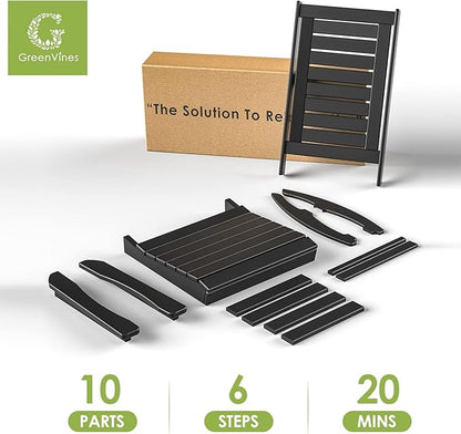 GREENVINES Outdoor Rocking Chairs | Set of 4 | Porch Rocker | HDPE Plastic | Black | Oversized Rockers | High Back | Big & Tall | Ladder Back | for Patio Outside Backyard Balcony Garden