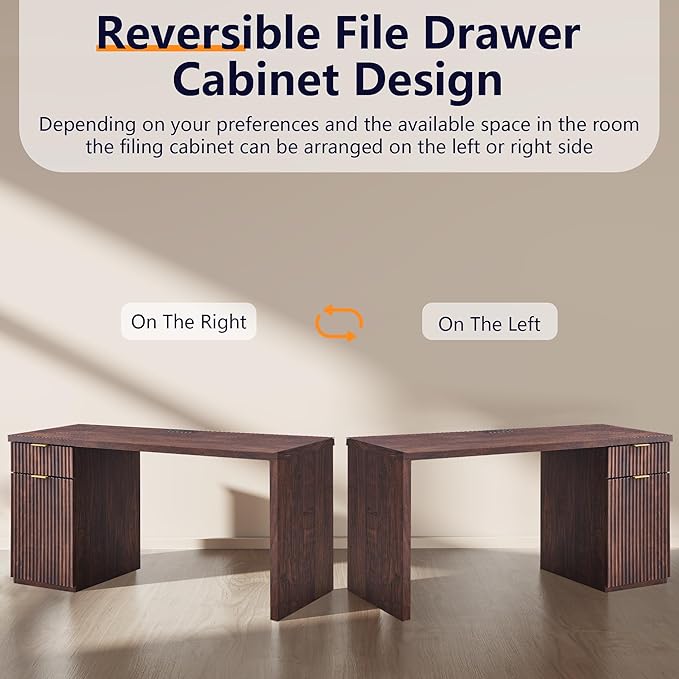 JXQTLINGMU 60" Modern Executive Desk with Storage, Wood Home Office Desk with Drawer & Cabinet, Fluted Computer Writing Desk for Study, Living Room, Bedroom, Dark Walnut