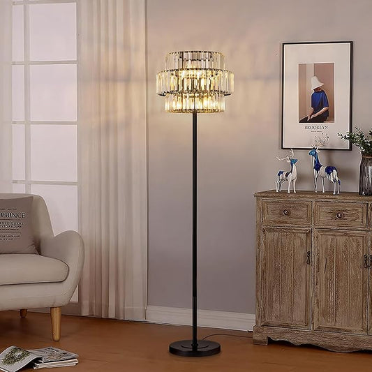 Wellmet Black Floor Lamp for Living Room, 6 Lights Modern Crystal Standing Lamp, Tall Elegant Floor Lamp with Foot Switch for Office, Reading Room, Bedroom, Dining Room(E12 Base)