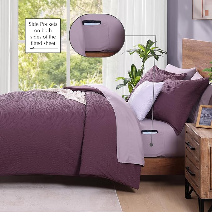 Geniospin Twin Comforter Set - 5 Pieces Purple Bedding Set, Botanical Textured Fall Comforter Set, All Season Comfortable Bed in a Bag with Comforter, Sheets, Pillowcase & Sham