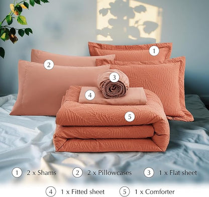 Geniospin Queen Size Comforter Set - 7 Pieces Burnt Orange Bedding Set, Botanical Textured Fall Comforter Set, All Season Lightweight Bed in a Bag with Comforter, Sheets, Pillowcases & Shams