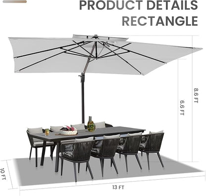 10 X 13 FT Cantilever Patio Umbrella with Base Included Outdoor Heavy Duty Double Top Windproof Rectangle Offset Umbrellas with 360-degree Rotation for Pool Deck Backyard, Foggy Grey