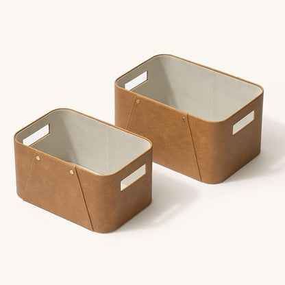 LA JOLIE MUSE Storage Baskets for Organizing, 2 Pack, Storage Cube Boxes Luxury Brown Vegan Leather for Closet Shelf Cabinet Bookcase Camel