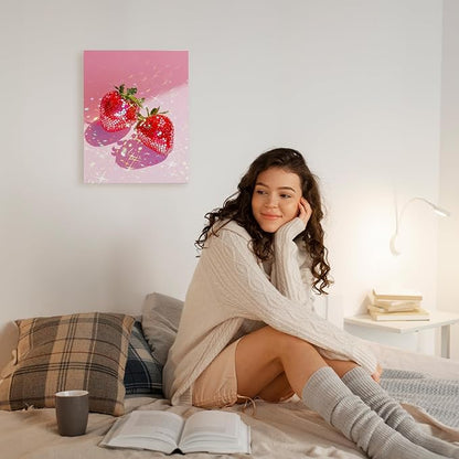 APJYM Funky Y2K Disco Ball Strawberry Wall Art, Trendy Retro 70s Preppy Pink Girly Strawberry Aesthetic Canvas Wall Art for Girls Room Bedroom Dorm Apartment Decor, 11x14 Inches Framed