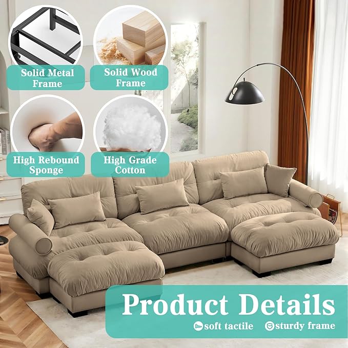 SoarFlash Sectional Sofa Couch, U Shaped Modern Sofa with Solid Wood Legs, Couches Sofas for Living Room Apartment, Comfortable Small Couches for Apartment, Brown