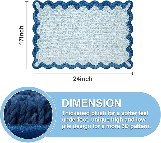 ORTIGIA Small Blue Scalloped Bath Mat, Cute Plush Microfiber Scallop Bathroom Rugs Non Slip Washable Quick Dry Absorbent, Bathmat Capet for Shower Stall Vanities Kitchen Floor Entrance, 17x24