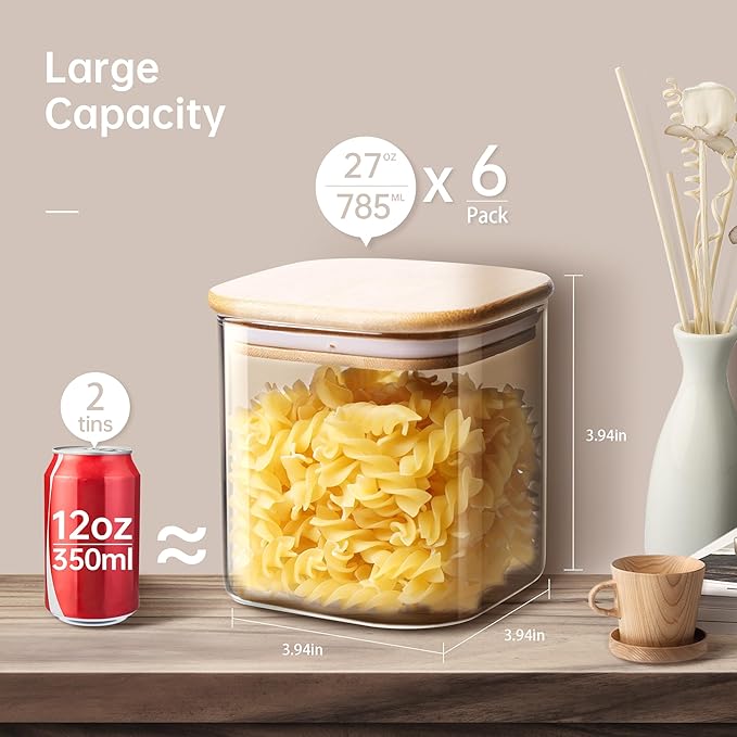 Square Glass Jars with Bamboo Lids 27 FL OZ [Set of 6], Glass Canisters with Airtight Lids, Glass Food Storage Containers for Coffee, Sugar, Tea, Candies, Cookies,Best for Kitchen & Pantry
