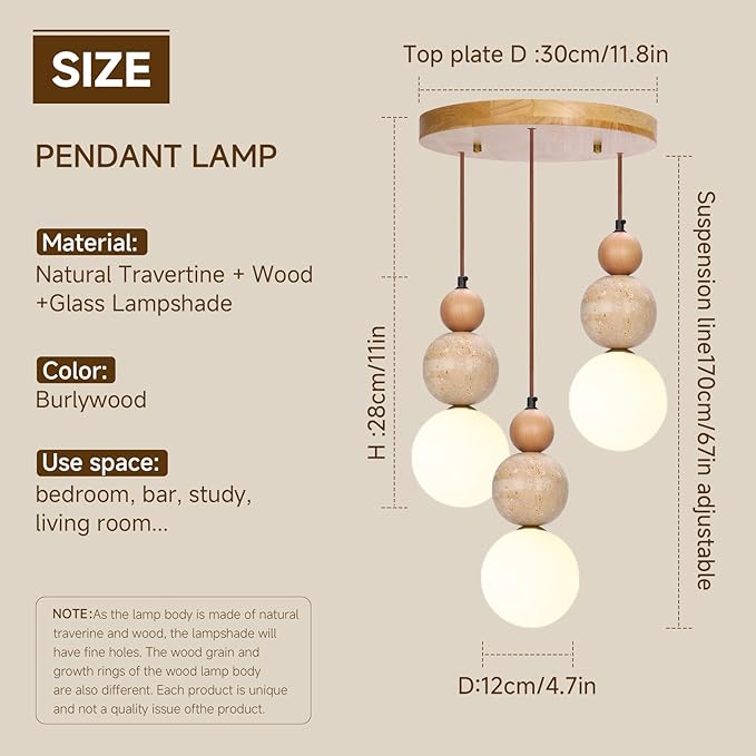 Wabi Sabi Pendant Light,3-Light Travertine Stone Fixture-Japandi Japanese Style Lamp,Nordic Wood Chandelier,Spherical Scandinavian Pendant Light Suits Kitchen Islands,Dining & Living Rooms(Log Color)