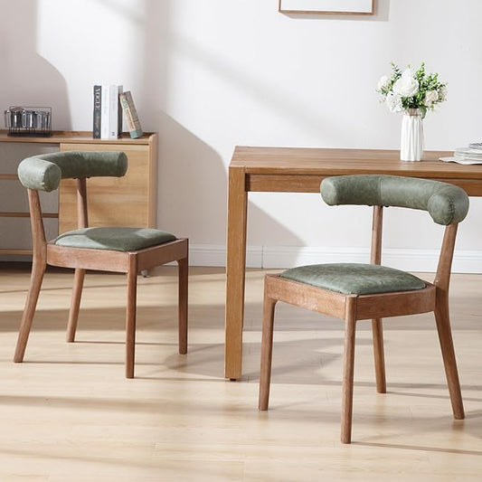 Wood Dining Chairs Set of 2, Mid Century Modern Living Room Chairs with Unique Curved Open Back Comfy Upholstered Side Chair for Kitchen/Restaurant/Reception, Faux Leather Green
